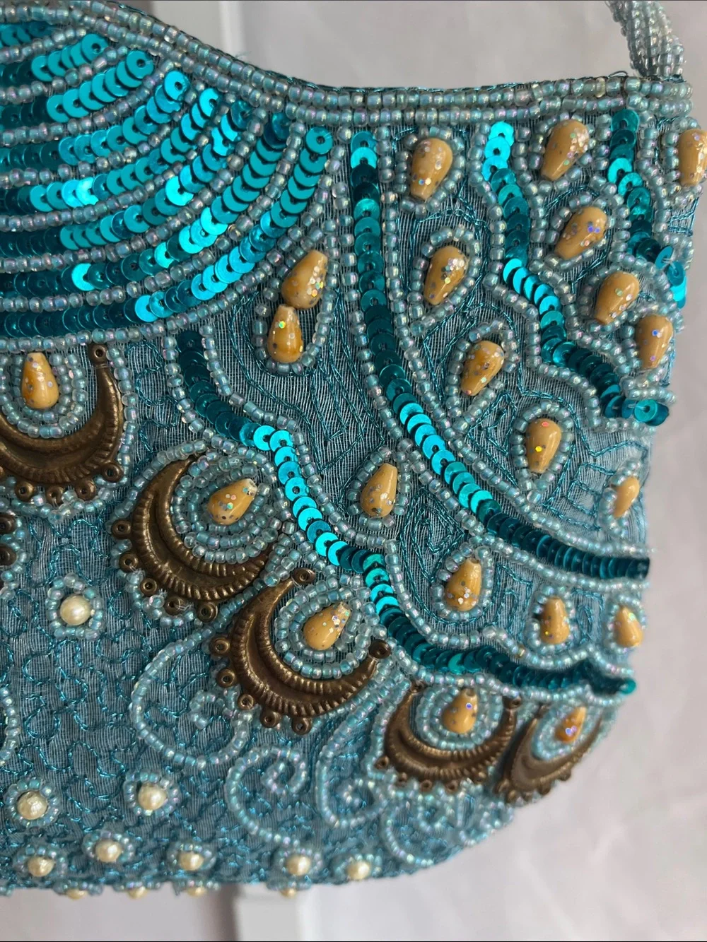 Embellished Vintage Turquoise Sequin Shoulder Bag Peacock Design Beaded Strap